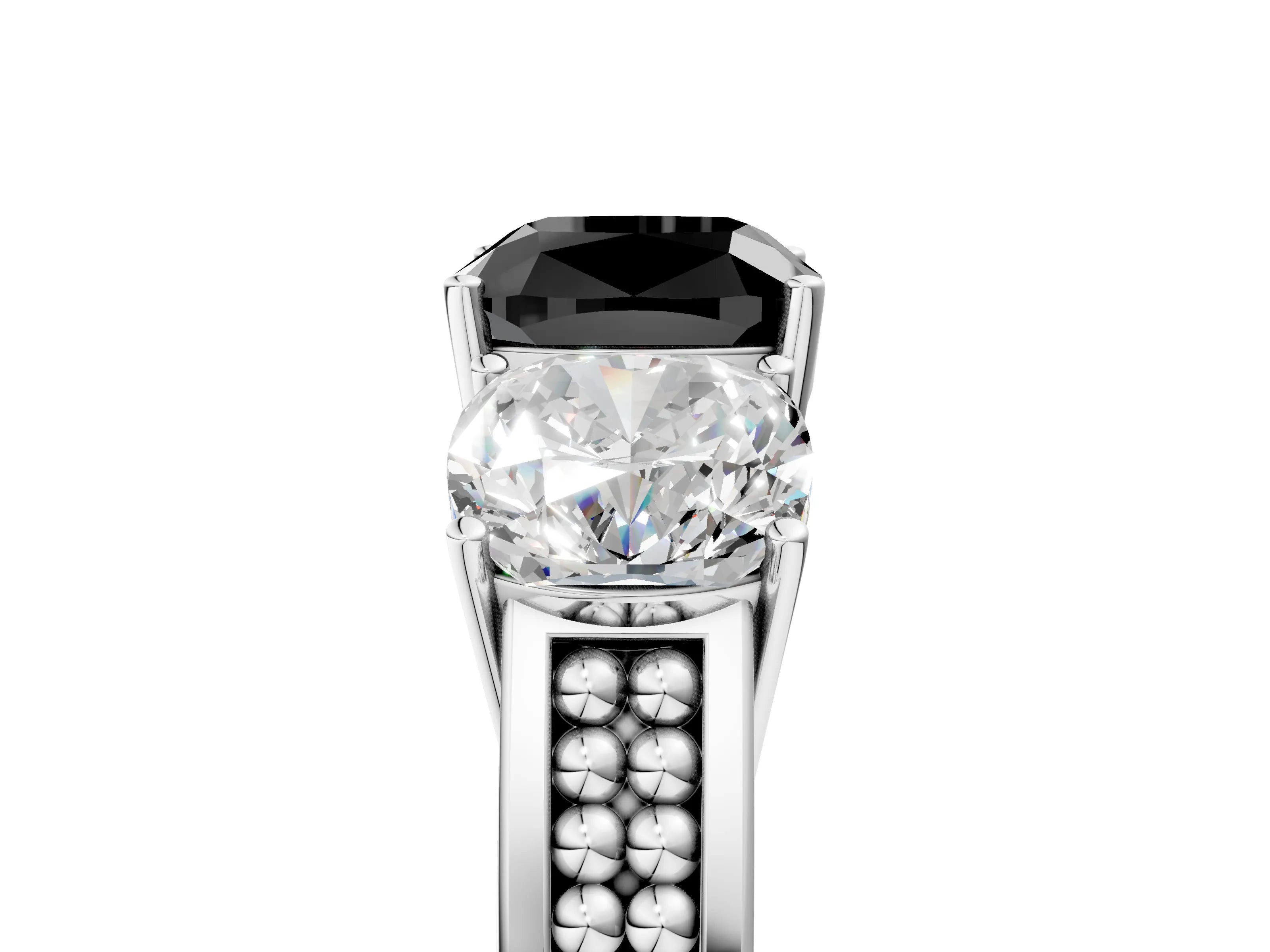 White gold Fancy Black Cushion Cut Diamond Three-Stone Ring with Prong Setting and Textured Band_5