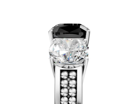 White gold Fancy Black Cushion Cut Diamond Three-Stone Ring with Prong Setting and Textured Band_5