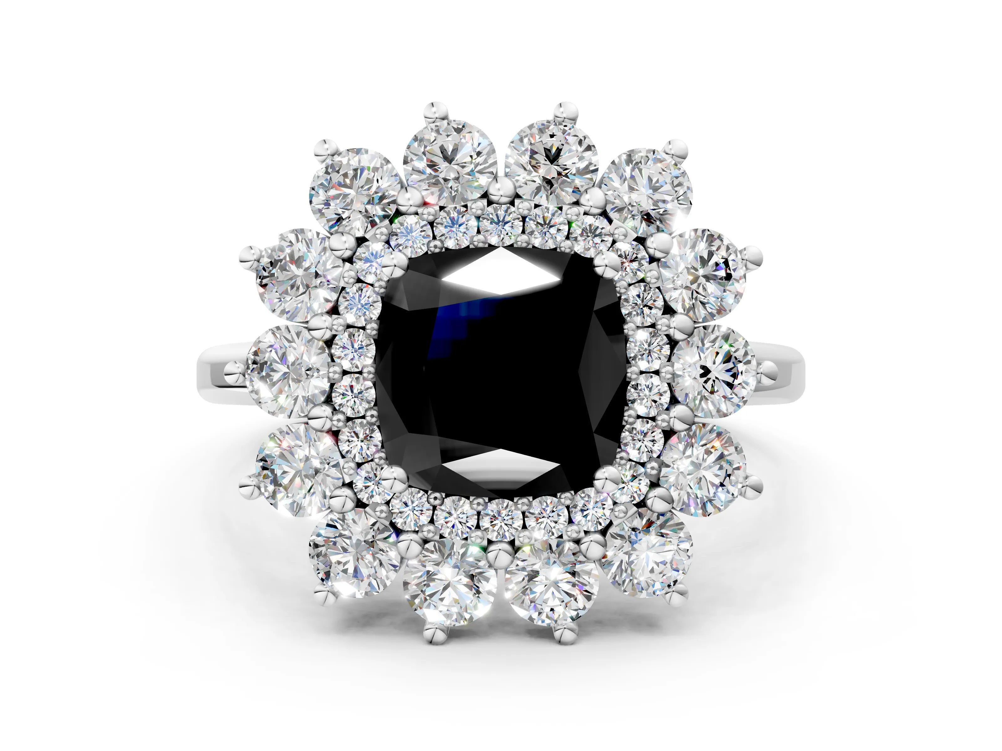 White gold Fancy Black Cushion Cut Halo Cluster Diamond Ring with Pave Band and Four-Prong Setting_12
