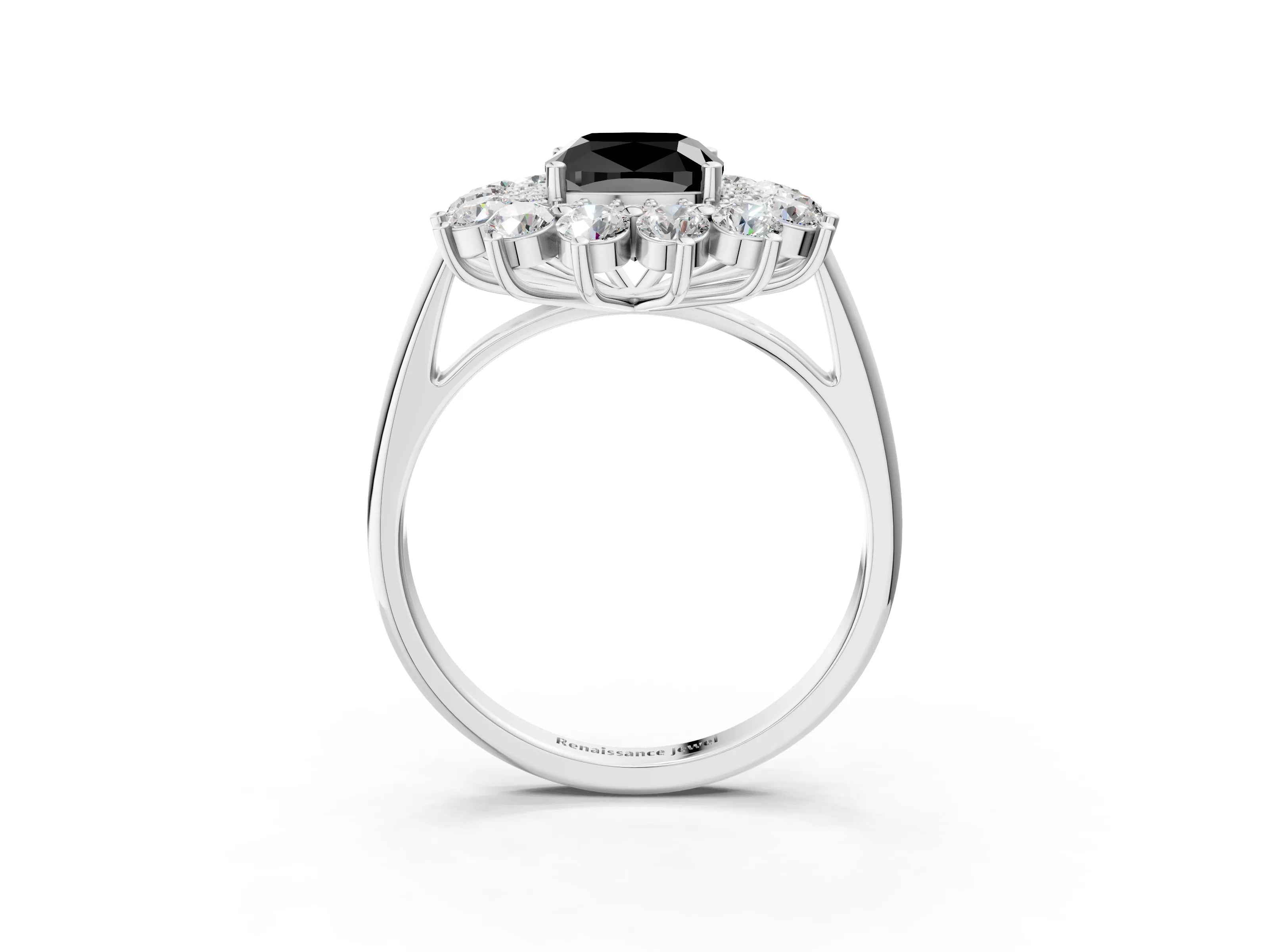 White gold Fancy Black Cushion Cut Halo Cluster Diamond Ring with Pave Band and Four-Prong Setting_15