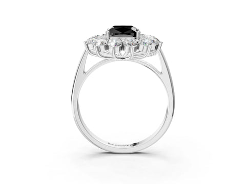 White gold Fancy Black Cushion Cut Halo Cluster Diamond Ring with Pave Band and Four-Prong Setting_15