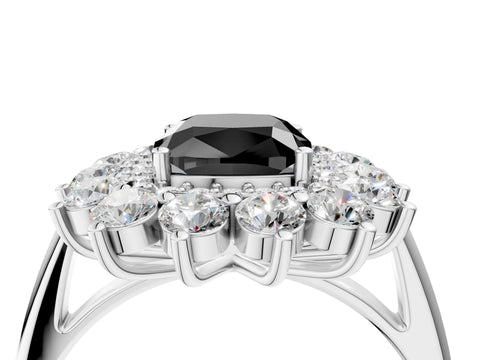 White gold Fancy Black Cushion Cut Halo Cluster Diamond Ring with Pave Band and Four-Prong Setting_16