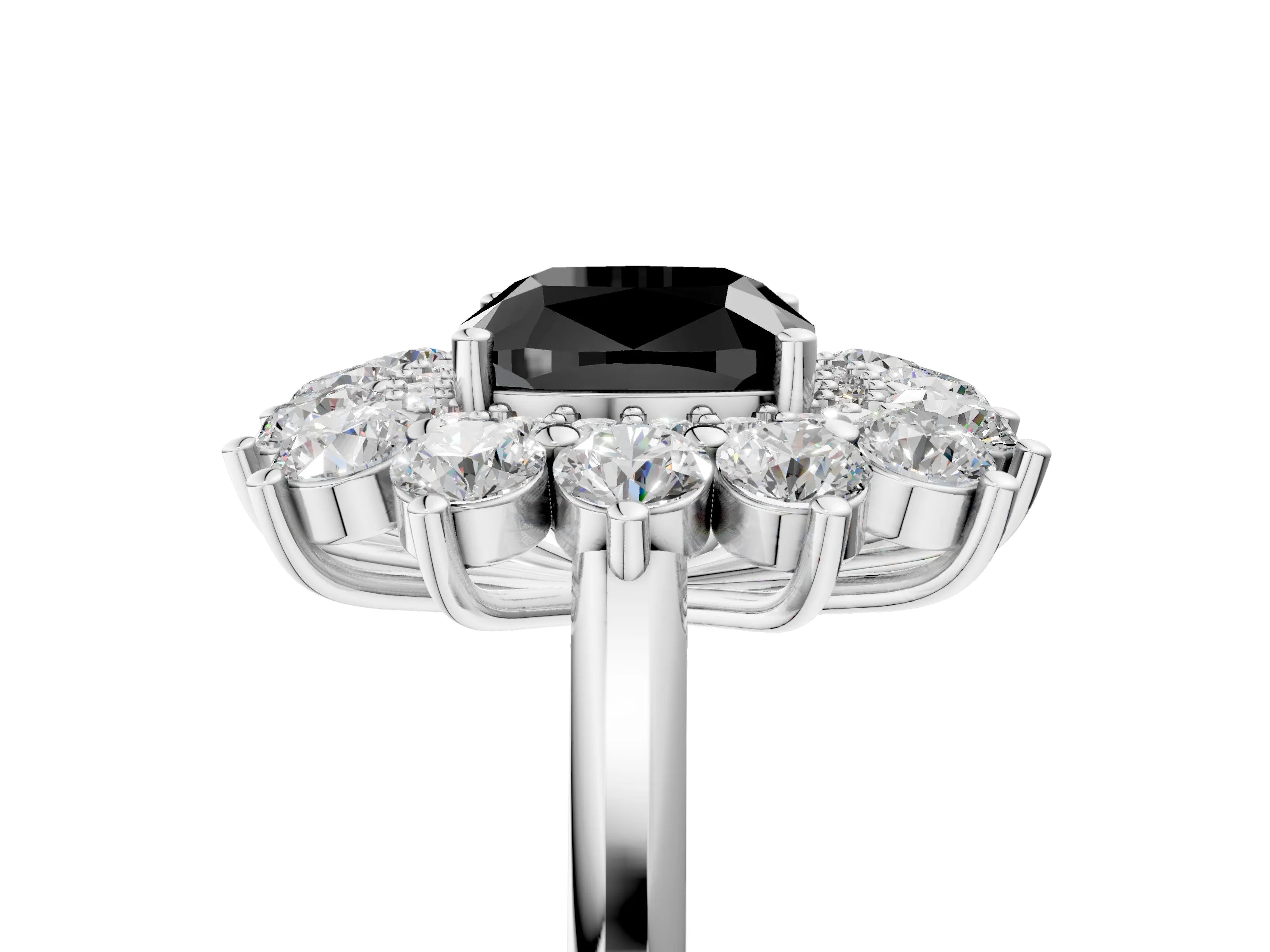 White gold Fancy Black Cushion Cut Halo Cluster Diamond Ring with Pave Band and Four-Prong Setting_17