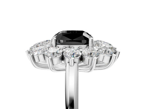 White gold Fancy Black Cushion Cut Halo Cluster Diamond Ring with Pave Band and Four-Prong Setting_17