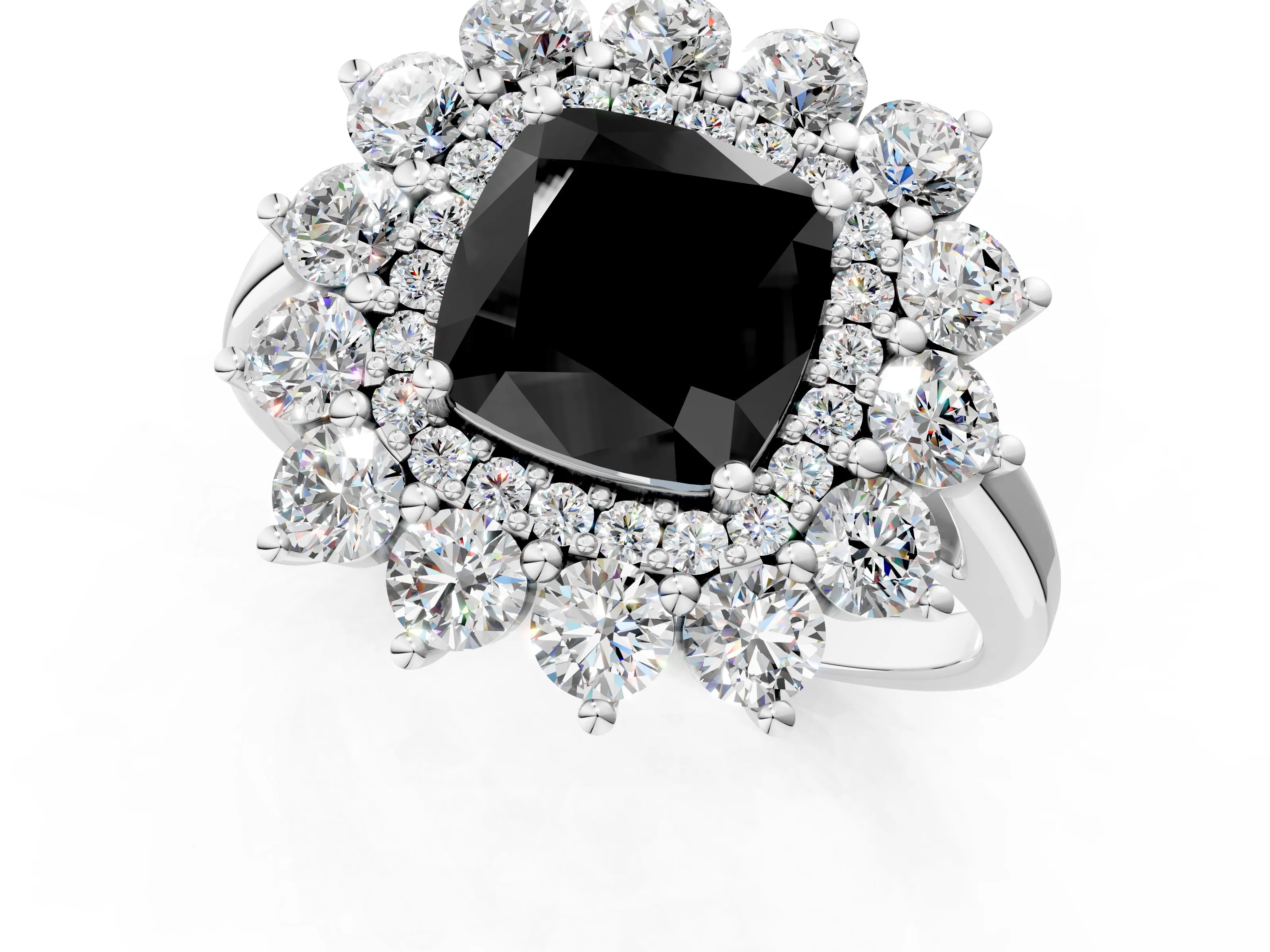 White gold Fancy Black Cushion Cut Halo Cluster Diamond Ring with Pave Band and Four-Prong Setting_1