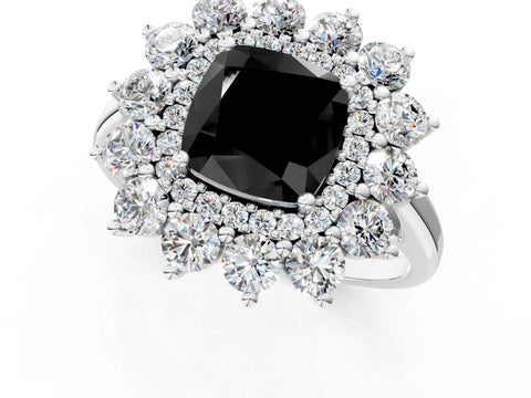 White gold Fancy Black Cushion Cut Halo Cluster Diamond Ring with Pave Band and Four-Prong Setting_1