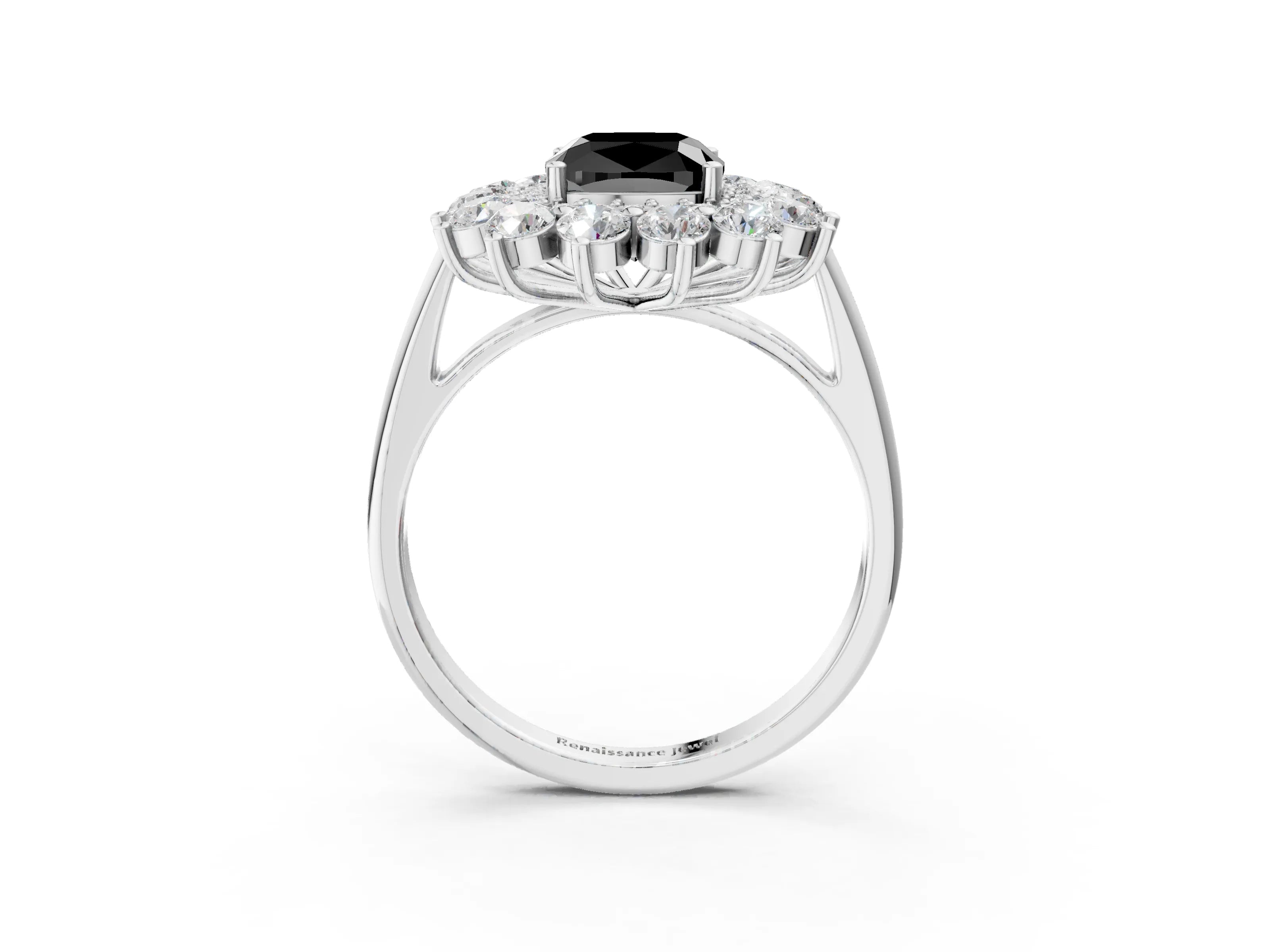White gold Fancy Black Cushion Cut Halo Cluster Diamond Ring with Pave Band and Four-Prong Setting_3