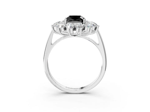White gold Fancy Black Cushion Cut Halo Cluster Diamond Ring with Pave Band and Four-Prong Setting_3