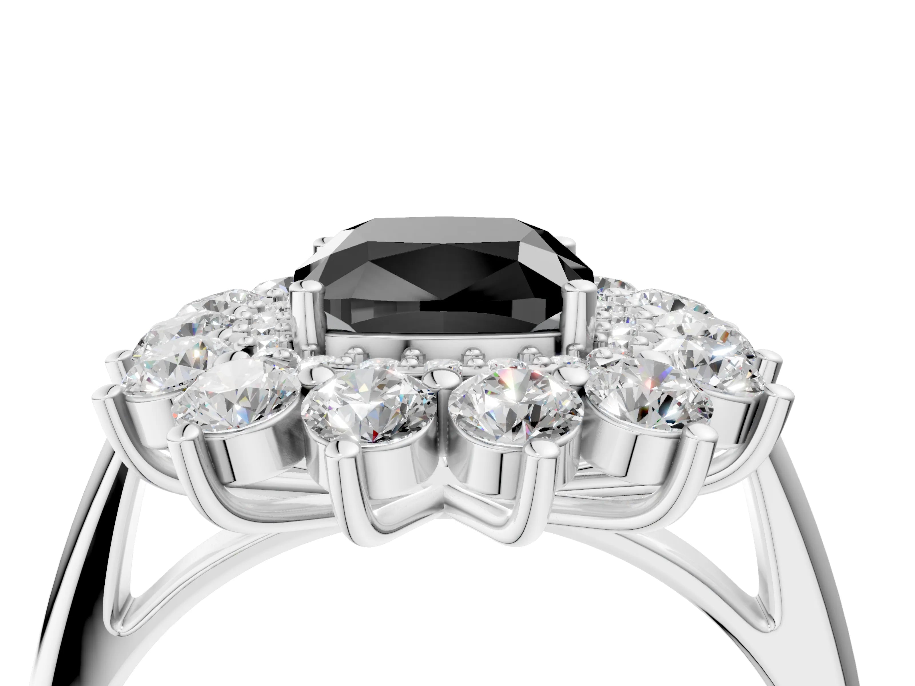 White gold Fancy Black Cushion Cut Halo Cluster Diamond Ring with Pave Band and Four-Prong Setting_4