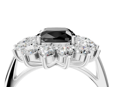 White gold Fancy Black Cushion Cut Halo Cluster Diamond Ring with Pave Band and Four-Prong Setting_4