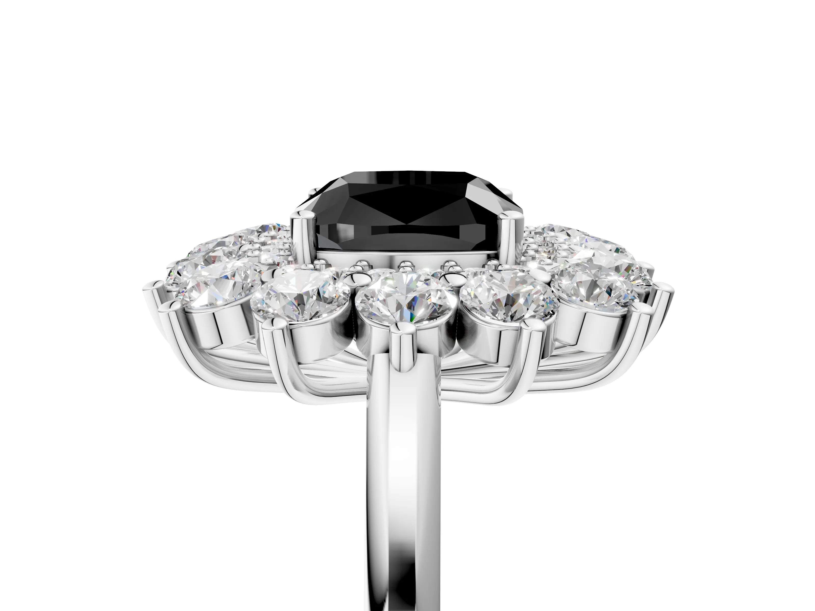 White gold Fancy Black Cushion Cut Halo Cluster Diamond Ring with Pave Band and Four-Prong Setting_5