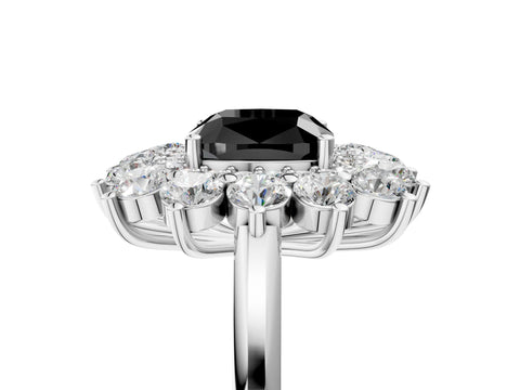 White gold Fancy Black Cushion Cut Halo Cluster Diamond Ring with Pave Band and Four-Prong Setting_5