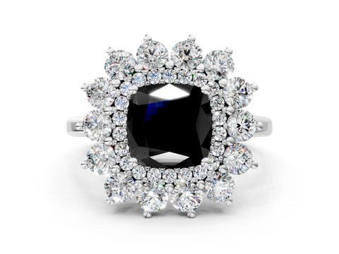 White gold Fancy Black Cushion Cut Halo Cluster Diamond Ring with Pave Band and Four-Prong Setting