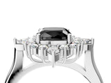 White gold Fancy Black Cushion Cut Halo Diamond Cluster Ring with Marquise and Round Stones on a White Gold Band with Prong Setting_4