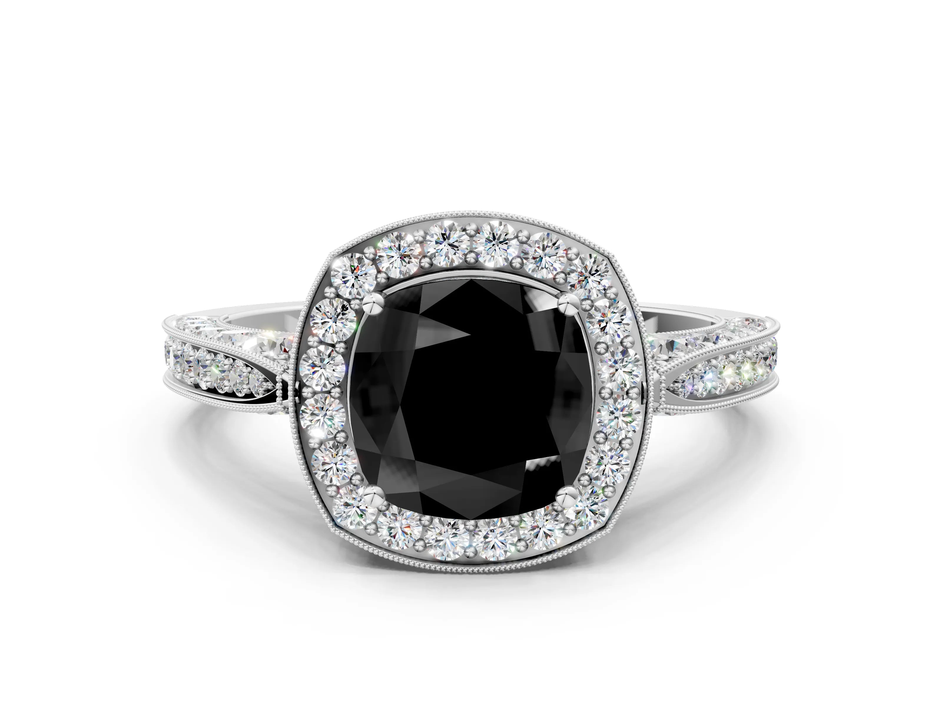 White gold Fancy Black Cushion Cut Halo Diamond Engagement Ring with Split Shank Band and Four-Prong Setting_12