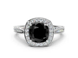 White gold Fancy Black Cushion Cut Halo Diamond Engagement Ring with Split Shank Band and Four-Prong Setting_12