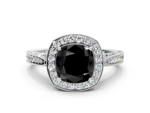White gold Fancy Black Cushion Cut Halo Diamond Engagement Ring with Split Shank Band and Four-Prong Setting_12