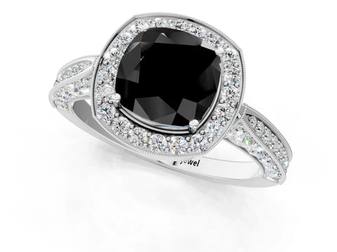 White gold Fancy Black Cushion Cut Halo Diamond Engagement Ring with Split Shank Band and Four-Prong Setting_13