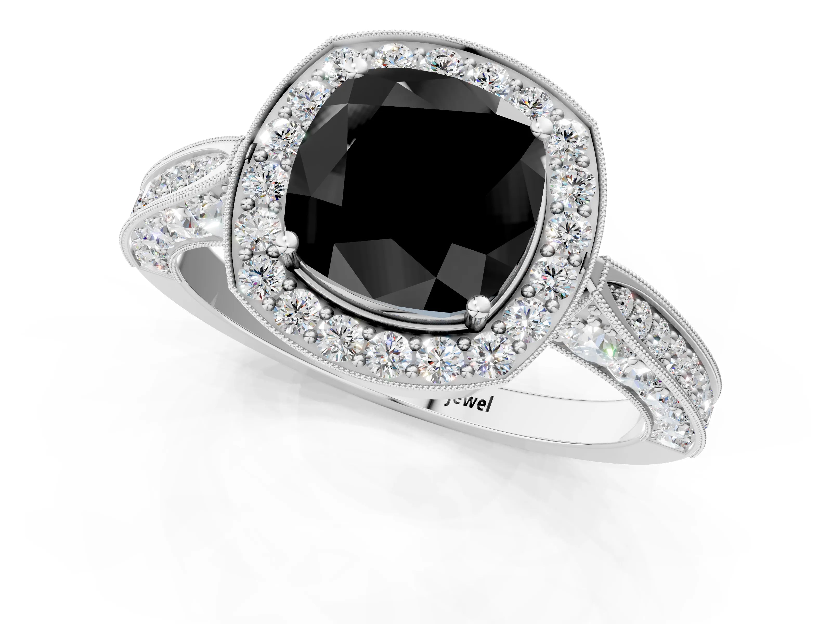 White gold Fancy Black Cushion Cut Halo Diamond Engagement Ring with Split Shank Band and Four-Prong Setting_13