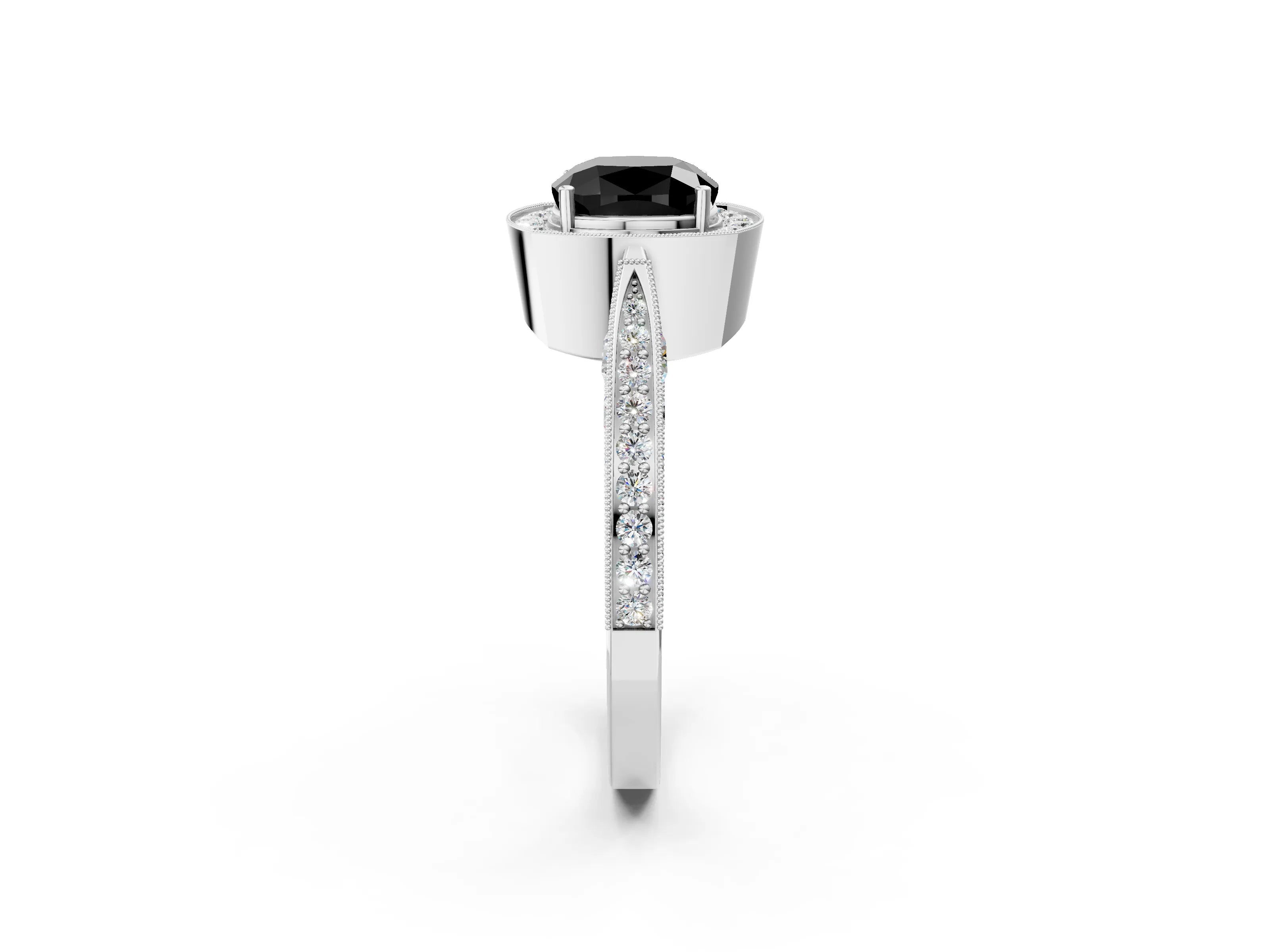 White gold Fancy Black Cushion Cut Halo Diamond Engagement Ring with Split Shank Band and Four-Prong Setting_14