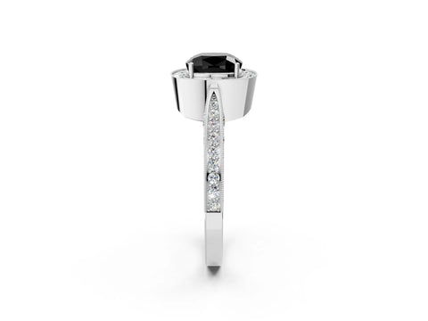 White gold Fancy Black Cushion Cut Halo Diamond Engagement Ring with Split Shank Band and Four-Prong Setting_14