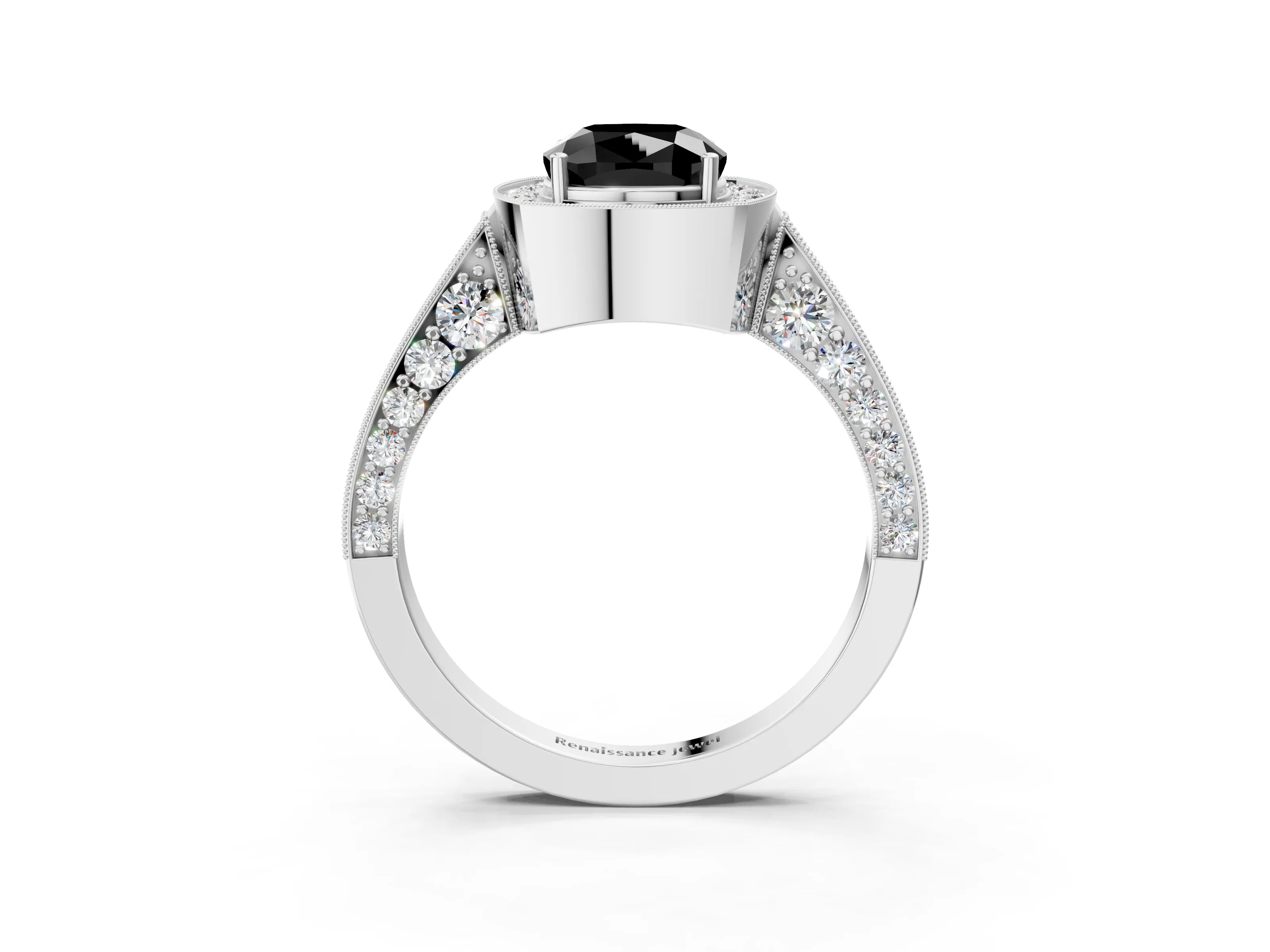 White gold Fancy Black Cushion Cut Halo Diamond Engagement Ring with Split Shank Band and Four-Prong Setting_15