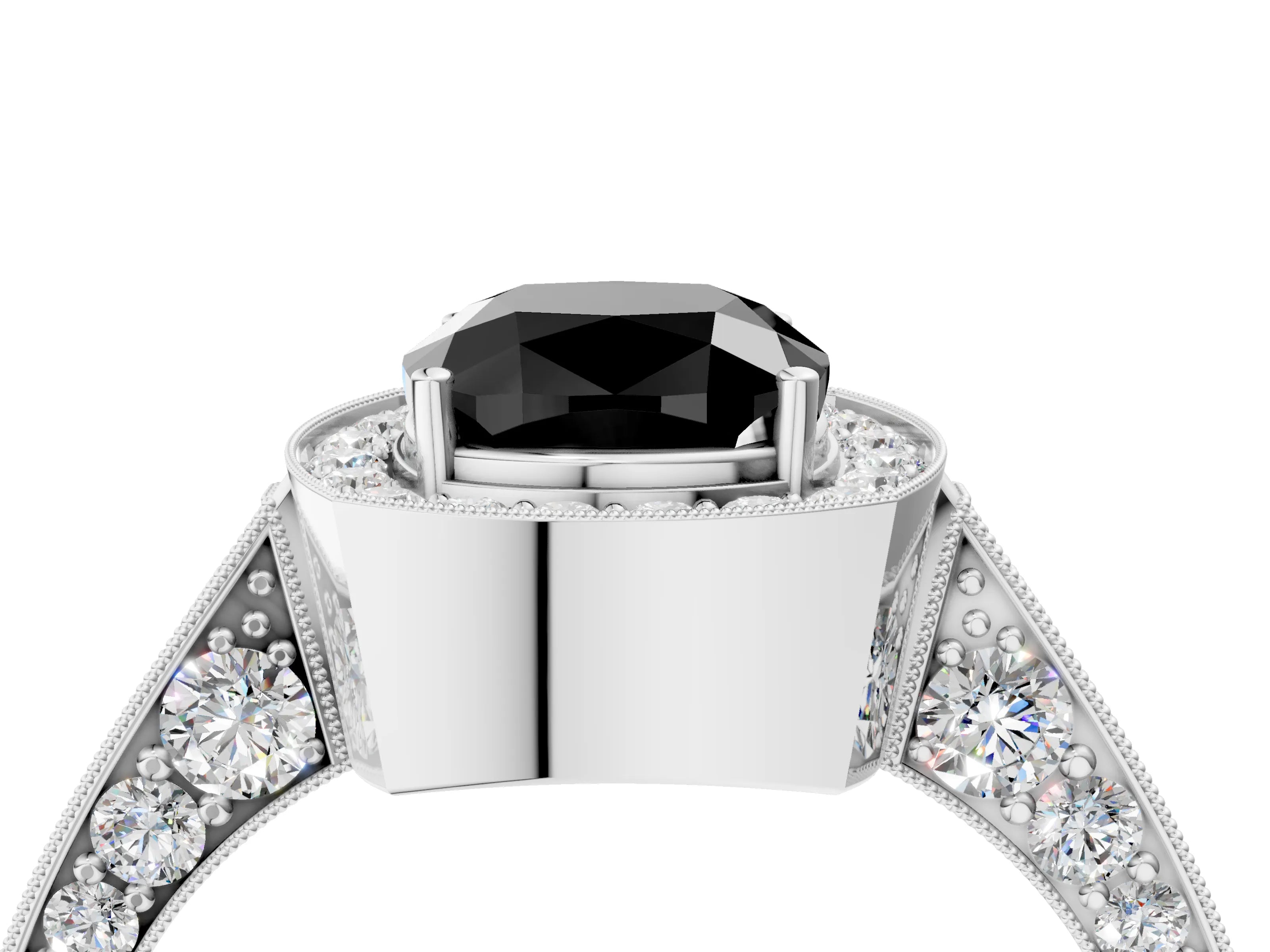 White gold Fancy Black Cushion Cut Halo Diamond Engagement Ring with Split Shank Band and Four-Prong Setting_16