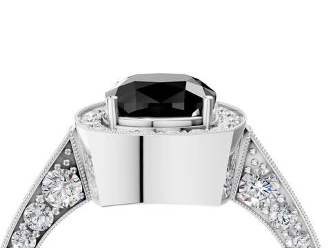 White gold Fancy Black Cushion Cut Halo Diamond Engagement Ring with Split Shank Band and Four-Prong Setting_16