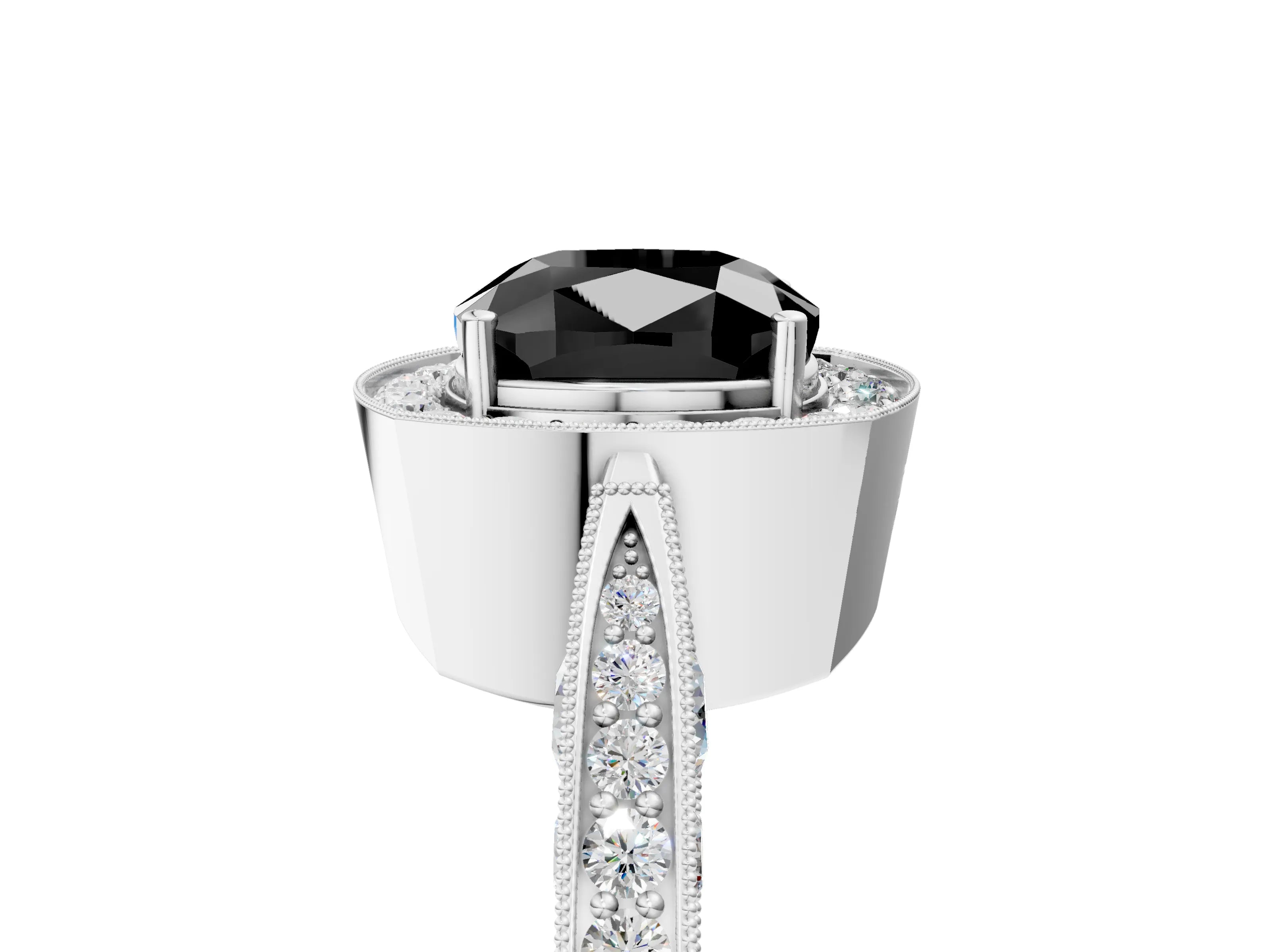 White gold Fancy Black Cushion Cut Halo Diamond Engagement Ring with Split Shank Band and Four-Prong Setting_17