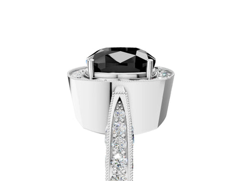 White gold Fancy Black Cushion Cut Halo Diamond Engagement Ring with Split Shank Band and Four-Prong Setting_17