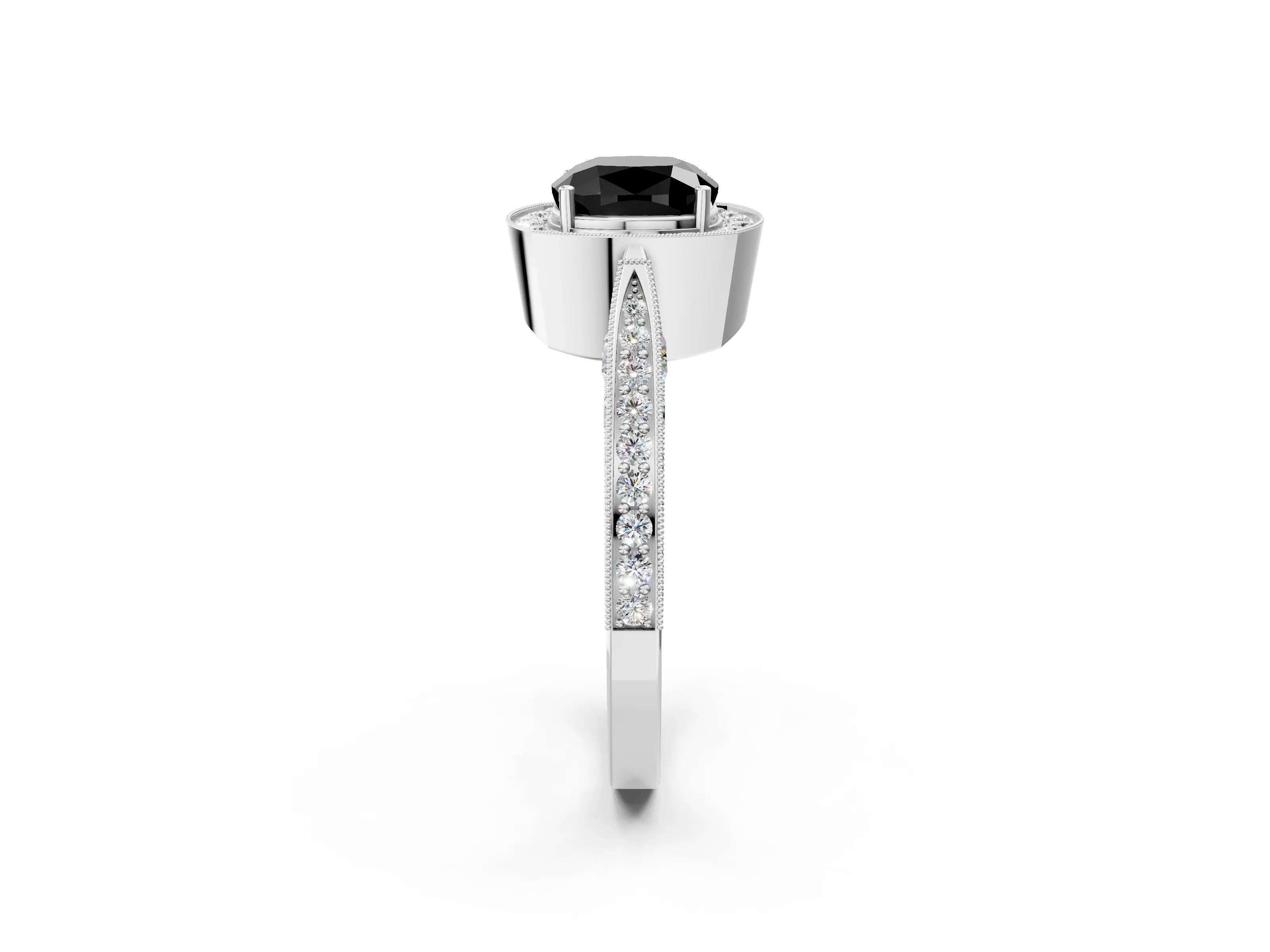White gold Fancy Black Cushion Cut Halo Diamond Engagement Ring with Split Shank Band and Four-Prong Setting_2