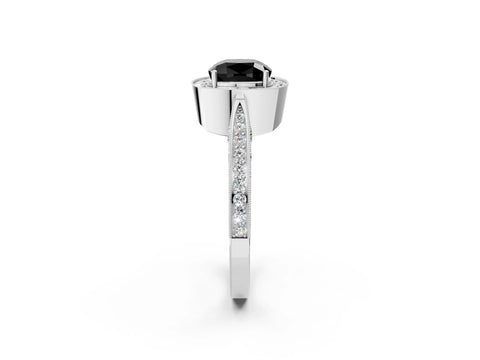 White gold Fancy Black Cushion Cut Halo Diamond Engagement Ring with Split Shank Band and Four-Prong Setting_2