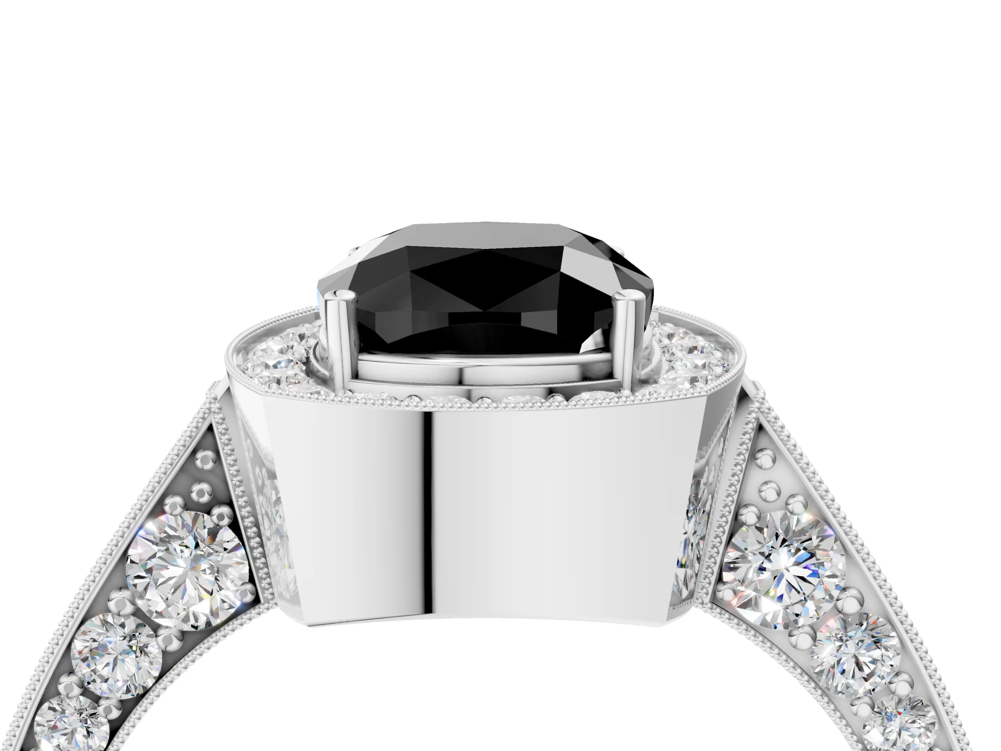 White gold Fancy Black Cushion Cut Halo Diamond Engagement Ring with Split Shank Band and Four-Prong Setting_4