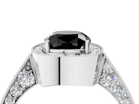 White gold Fancy Black Cushion Cut Halo Diamond Engagement Ring with Split Shank Band and Four-Prong Setting_4
