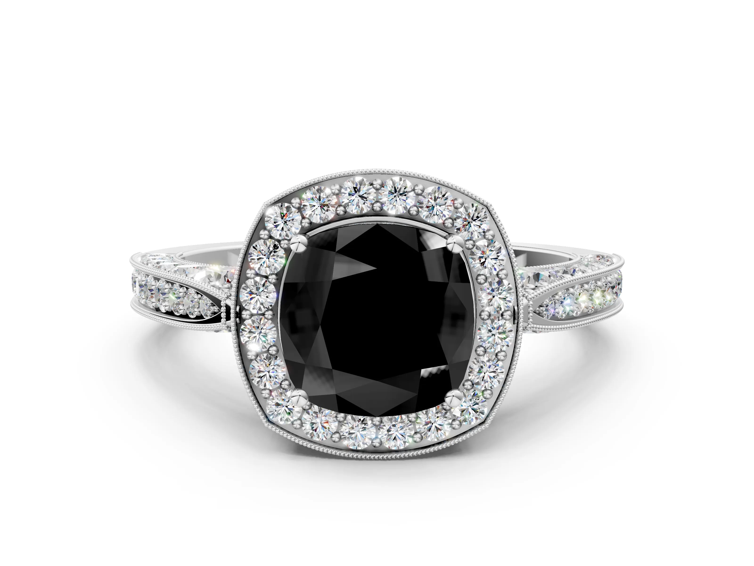 White gold Fancy Black Cushion Cut Halo Diamond Engagement Ring with Split Shank Band and Four-Prong Setting