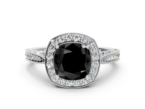 White gold Fancy Black Cushion Cut Halo Diamond Engagement Ring with Split Shank Band and Four-Prong Setting
