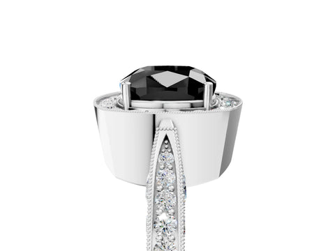 White gold Fancy Black Cushion Cut Halo Diamond Engagement Ring with Split Shank Band and Four-Prong Setting_5