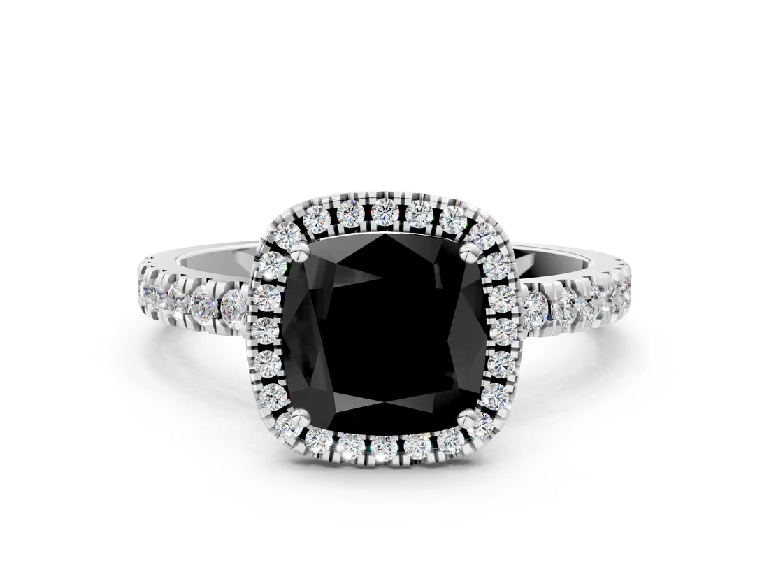 White gold Fancy Black Cushion Cut Halo Diamond Pave Band with Prong Setting