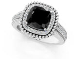 White gold Fancy Black Cushion Cut Halo Diamond Ring with Beaded Split Shank and Four-Prong Setting_1