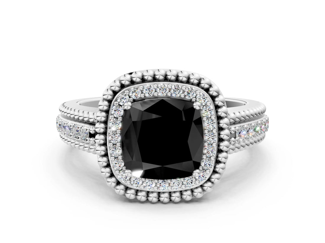 White gold Fancy Black Cushion Cut Halo Diamond Ring with Beaded Split Shank and Four-Prong Setting