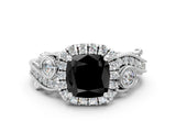 White gold Fancy Black Cushion Cut Halo Diamond Ring with Milgrain and Bezel Accents on a Split Shank Band_12