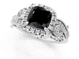 White gold Fancy Black Cushion Cut Halo Diamond Ring with Milgrain and Bezel Accents on a Split Shank Band_13