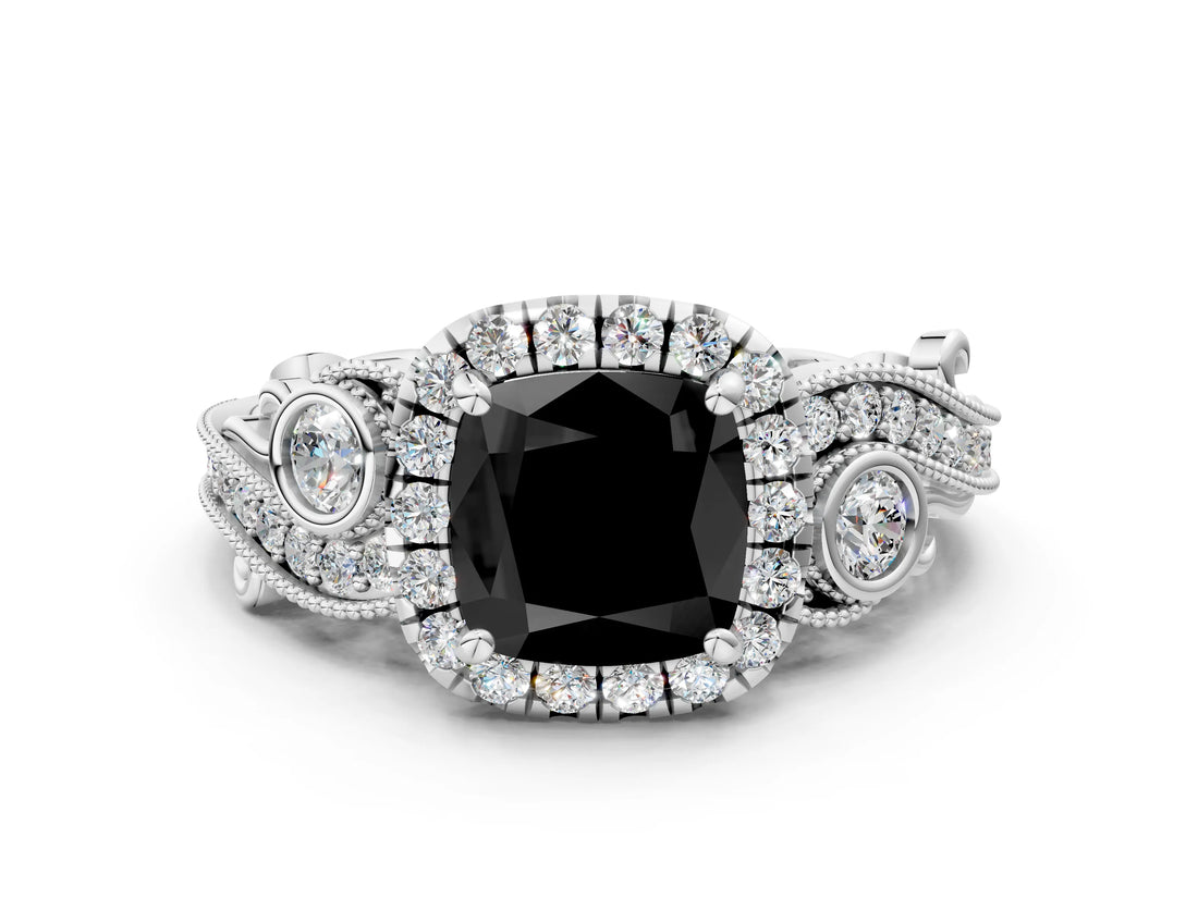 White gold Fancy Black Cushion Cut Halo Diamond Ring with Milgrain and Bezel Accents on a Split Shank Band_13