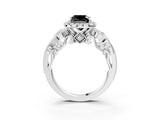 White gold Fancy Black Cushion Cut Halo Diamond Ring with Milgrain and Bezel Accents on a Split Shank Band_15
