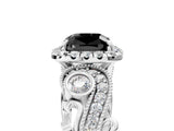 White gold Fancy Black Cushion Cut Halo Diamond Ring with Milgrain and Bezel Accents on a Split Shank Band_18