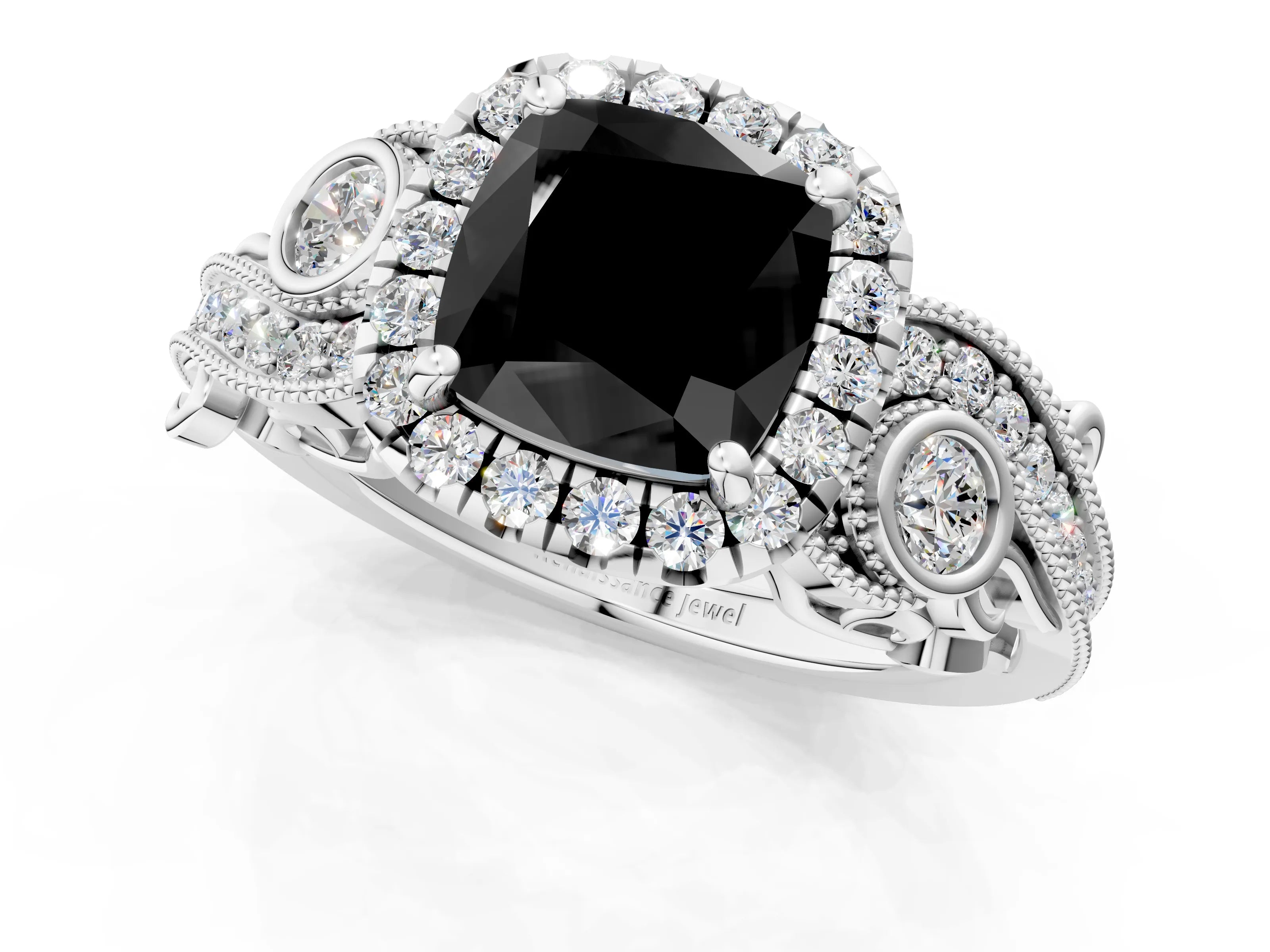 White gold Fancy Black Cushion Cut Halo Diamond Ring with Milgrain and Bezel Accents on a Split Shank Band_1