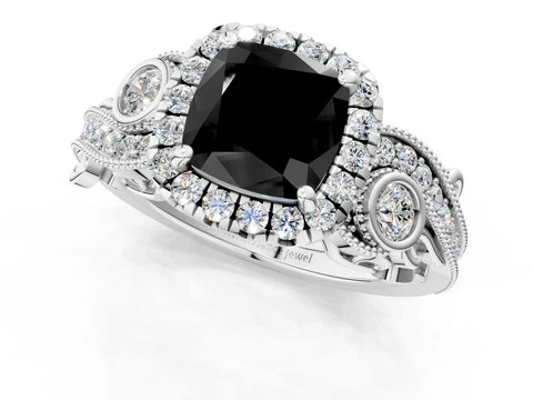 White gold Fancy Black Cushion Cut Halo Diamond Ring with Milgrain and Bezel Accents on a Split Shank Band_1