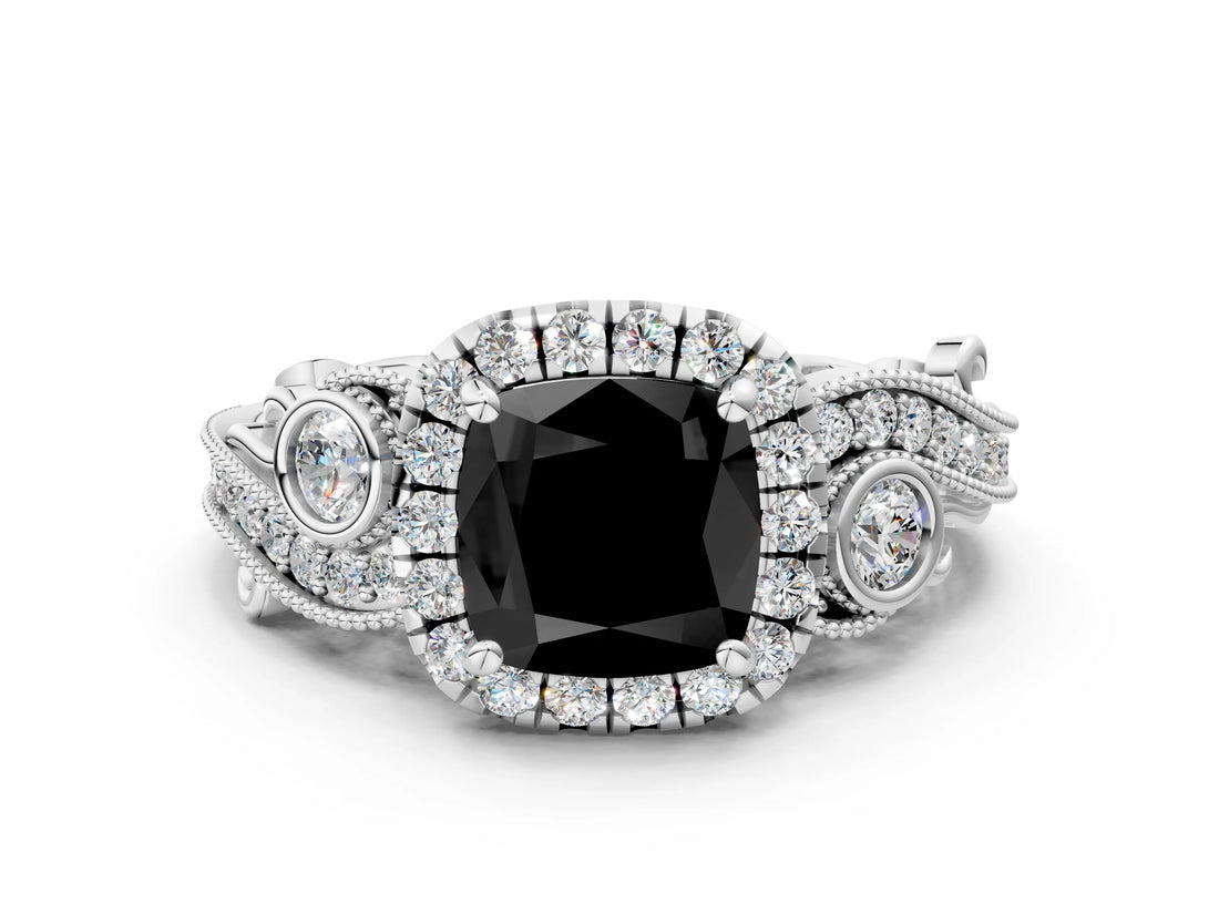 White gold Fancy Black Cushion Cut Halo Diamond Ring with Milgrain and Bezel Accents on a Split Shank Band_24