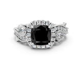 White gold Fancy Black Cushion Cut Halo Diamond Ring with Milgrain and Bezel Accents on a Split Shank Band_24