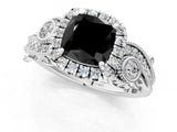 White gold Fancy Black Cushion Cut Halo Diamond Ring with Milgrain and Bezel Accents on a Split Shank Band_25